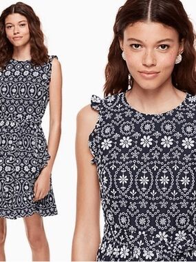 Kate Spade Floral Eyelet Wrap Dress 4 Navy White Wedding Guest